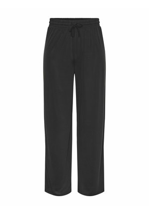 Pantaloni de jogging negri, ușori, cu un tiv elastic și șnur ajustabil. Design drept cu textură netedă și fără modele.