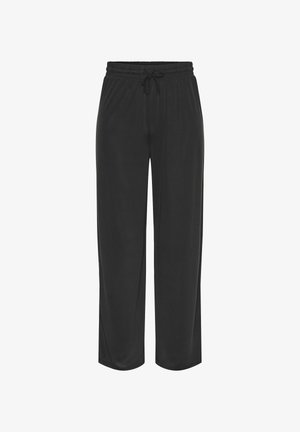 Pantaloni de jogging negri, ușori, cu un tiv elastic și șnur ajustabil. Design drept cu textură netedă și fără modele.