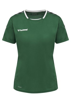 Grøn kortærmet sportsskjorte med hvid hummel-logo på brystet, chevron-striber på skuldrene og hvid kant rundt om kraven.