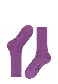 Lila Baumwollsocken mit einer glatten Textur, gerippten Bündchen und aufgedrucktem Branding auf der Sohle. Standard Crew-Länge.