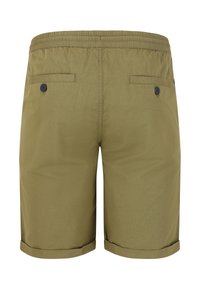 Khaki shorts van lichtgewicht stof, met een zachte textuur, elastische tailleband en twee achterzakken met donkere knopen. Omgerolde boorden.