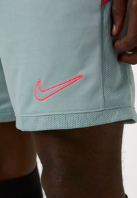 Nike urheilusortsit vaaleansinisestä kankaasta, jossa on verkkomainen alahelma ja kirkkaan vaaleanpunainen logo vasemmalla puolella.