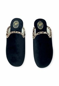Pantofole in velluto nero con bordi in stampa leopardata, design senza chiusura, punta rotonda e soletta imbottita con logo.