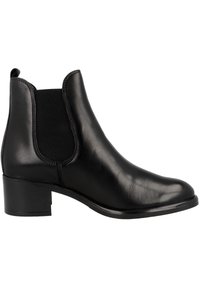 Botín negro de cuero hasta el tobillo con un diseño elegante, paneles laterales elásticos y un tacón bajo apilado. Textura suave y estilo minimalista.