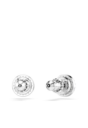 Cuffie in metallo argento con un design cilindrico, caratterizzate da una base rotonda prominente e accenti decorativi lungo i bordi.