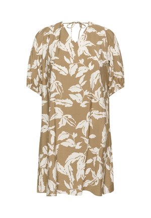 Beige jurk met witte bloemenprint, V-hals, korte pofmouwen met elastische boordjes en een striksluiting aan de achterzijde van de halslijn.