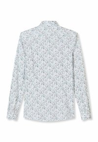 Langärmliges Hemd mit Knopfleiste, hellblauem und beigem Blumenmuster auf weißem Hintergrund, von hinten gezeigt.