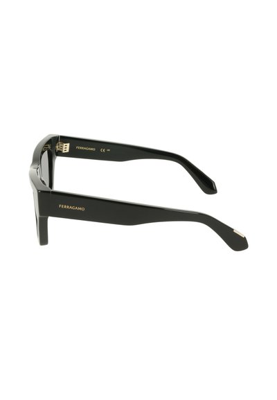 Μαύρα ορθογώνια γυαλιά οράσεως Ferragamo με χοντρές βραχίονες, χρυσό λογότυπο στο πλάι και χρυσές λεπτομέρειες στη μεντεσέ.