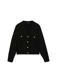 Cardigan nero a bottoni con scollo a V, maniche lunghe, due tasche a pattina frontali e bottoni argentati al centro.