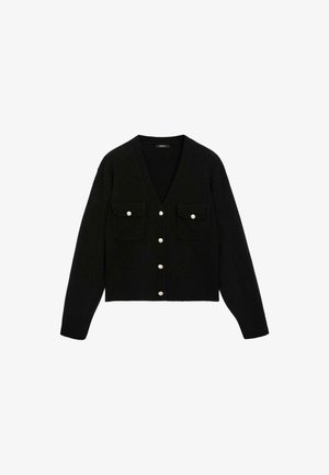 Black button-up cardigan with V-neck, long sleeves, two front flap pockets, and silver buttons down the center.