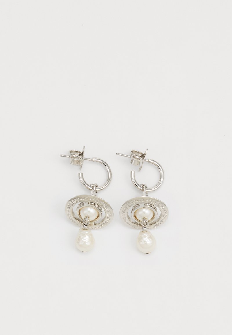 Silver hoop earrings featuring circular designs, a central pearl accent, and a dangling pearl drop, with engraved detailing on the hoops.