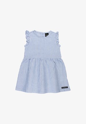 Blå og hvide lodrette stribede ærmeløs kjole med flæse detaljer ved skuldrene og en indsnævret talje til et barn.