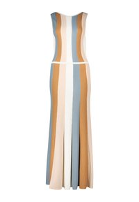 Robe longue sans manches avec des rayures verticales bleu, beige, marron et crème. Fabriquée en tissu tricoté doux avec un corsage ajusté.