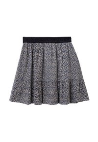 Jupe à volants à motif floral en marine et crème avec une taille élastique dotée d'une bande texturée. Tissu léger et fluide.
