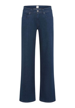Dark blue denim wide-leg jeans with a button and zip closure, belt loops, and five pockets. Smooth texture with stitched seams.