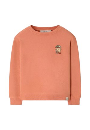 Sweat-shirt corail à manches longues avec poignets et ourlet côtelés, avec un petit personnage soleil coloré brodé d’un parapluie sur la poitrine gauche.