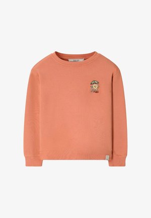 Sweat-shirt corail à manches longues avec poignets et ourlet côtelés, avec un petit personnage soleil coloré brodé d’un parapluie sur la poitrine gauche.