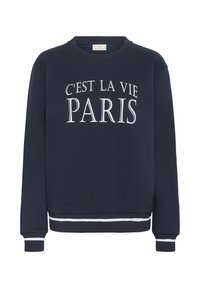 Marineblauwe sweatshirt met witte tekst "C'est la vie PARIS," met een geribbelde ronde hals en gestreepte manchetten en zoom. Zacht materiaal.