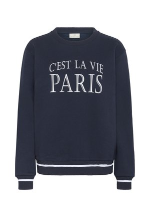 Mørkeblå sweatshirt med hvid tekst, der står "C'est la vie PARIS," med ribbet crew neck og stribede mansjetter og kant. Blødt stof.