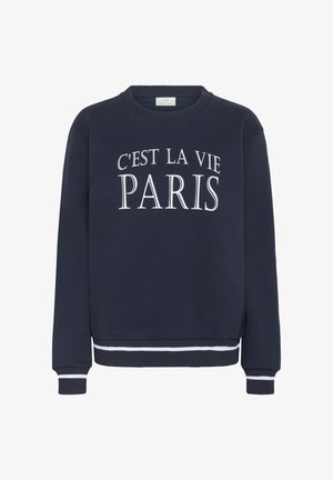 Marinblauer Sweatshirt mit weißem Text "C'est la vie PARIS", mit geripptem Rundhalsausschnitt sowie gestreiften Bündchen und Saum. Weicher Stoff.