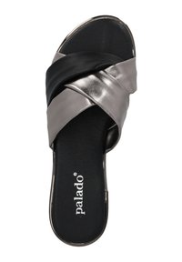 Black and gray cross-strap sandals with a smooth leather finish, open toe design, and cushioned black footbed. Brand name "Palado" visible.