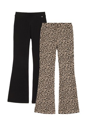 Kaks paari laiade säärtega pükse: üks üleni must, üks beež värvi mustade südamekujuliste laikudega, mõlemal elastseist vöökohad.