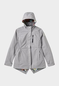 Veste à capuche gris clair avec doublure intérieure fleurie, poches zippées et à pression, fermeture éclair frontale et pressions, et poignets réglables.