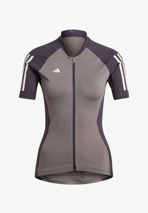 Korte mouwen fietsjersey in grijs met donkere paarse accenten, voorrits en witte strepen op de schouders. Gemaakt van rekbare stof.
