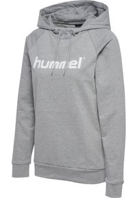 Hellgrauer Hoodie mit langen Ärmeln, verstellbarer Kordelzugkapuze und weißem „hummel“-Logo auf der Brust.