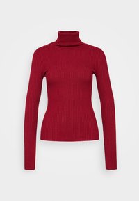 Pull à col roulé côtelé rouge avec manches longues, coupe ajustée et texture douce. Tissu extensible souligne la silhouette et offre un confort optimal.