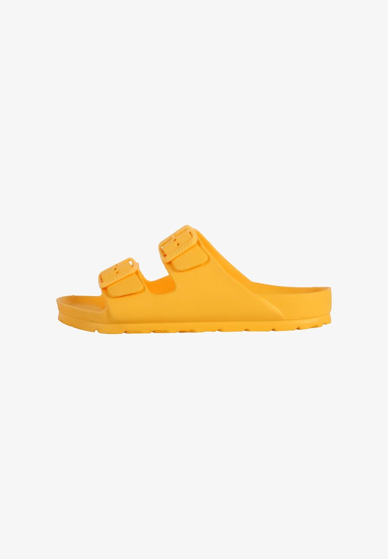 Yellow rubber slide sandal with two adjustable straps, a molded footbed, and a textured outsole for traction.