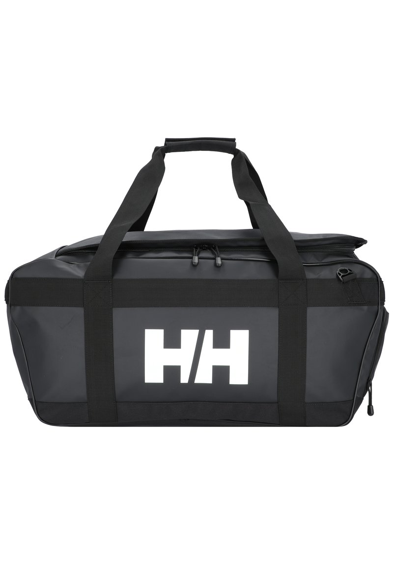 Czarna torba sportowa z paskami na ramię, z dużym białym logo "HH", wykonana z wodoodpornego materiału i z zamknięciem na zamek błyskawiczny u góry.