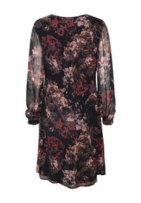 Vestito lungo a maniche lunghe nero e trasparente con motivo floreale in rosso, rosa e viola e polsini arricciati, visto da dietro.