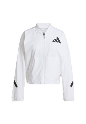 Cropped white jacket made of synthetic material, featuring a front zipper, two pockets, and black diagonal accents on sleeves and chest.
