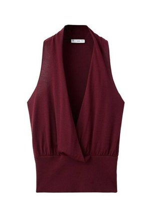 Top sin mangas burdeos con cuello drapeado y cintura elástica, fabricado en una tela suave con una textura agradable.