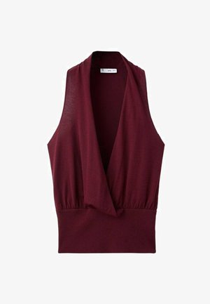 Haut sans manches bourgogne à encolure drapée et taille élastique, fabriqué à partir d'un tissu lisse avec une texture douce.