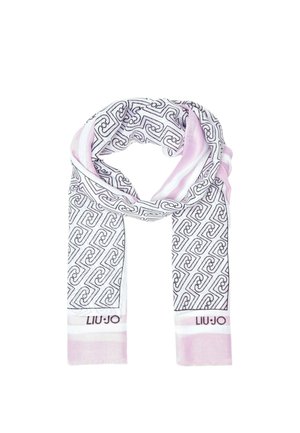 Sciarpa rosa chiaro e bianca con motivi geometrici neri e loghi "LIU·JO" su entrambe le estremità, piegata in modo leggero.