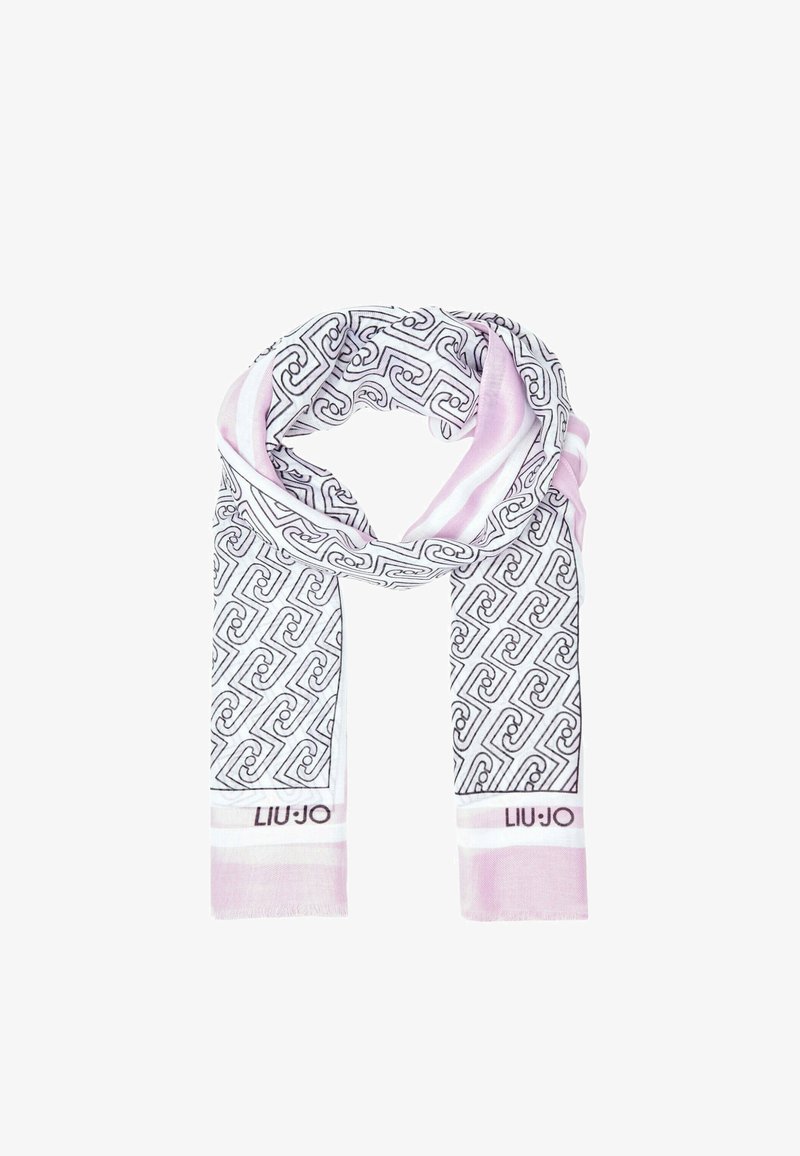 Écharpe rose clair et blanche avec motifs géométriques noirs et logos "LIU·JO" aux deux extrémités, pliée de manière lâche.