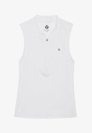 Top atlético sin mangas de color blanco con cuello alto, medio cierre y un pequeño logotipo en el pecho. Textura suave y diseño ajustado.