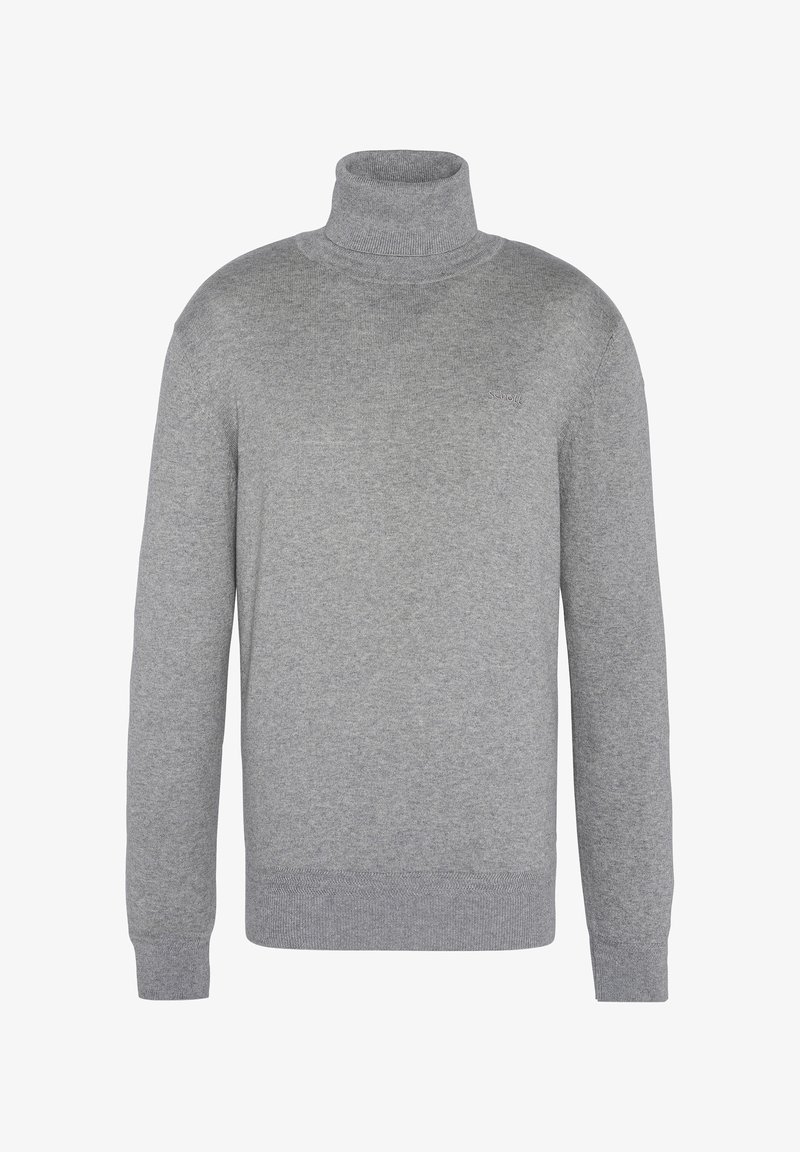 Maglione grigio a collo alto realizzato in morbido tessuto knit, con una silhouette aderente, polsini e orlo ribattuti. Dettaglio logo discreto.