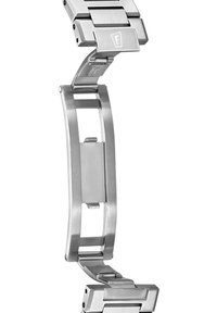 Bracelet de montre en acier inoxydable brossé. Présente des segments liés, un mécanisme de fermeture et une pièce centrale plate et lisse.
