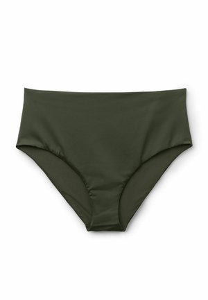 Bañador de corte alto de color verde oscuro con un diseño liso y sin costuras y un corte moderado en las piernas, colocado sobre un fondo blanco.