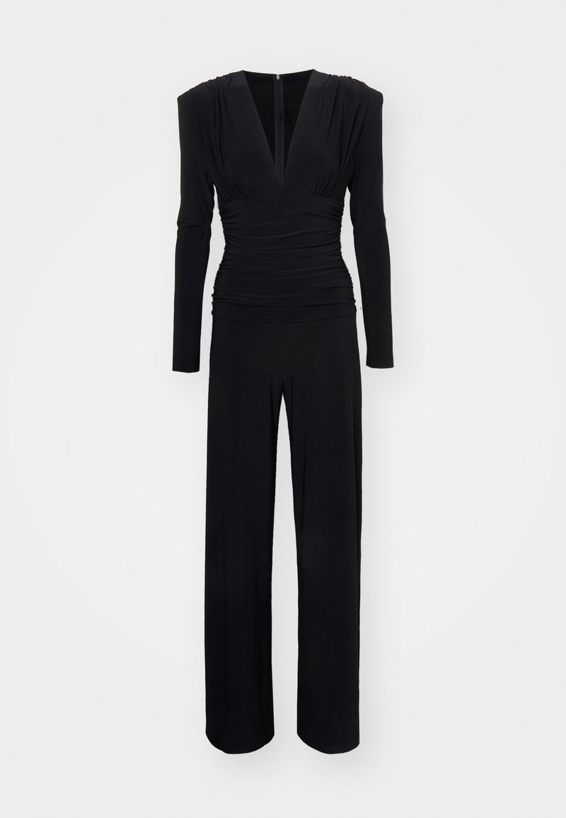 Zwart jumpsuit met lange mouwen, een diepe V-hals, plooi-details bij de taille en wijde broekspijpen. Glad, rekbaar materiaal met een ritssluiting.
