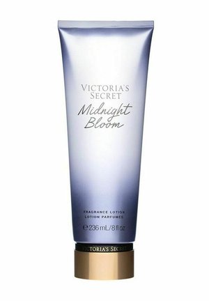 Rør af Victoria's Secret Midnight Bloom duftlotion i metallisk lilla med guld- og sort hætte, volumen 236 mL (8 fl oz).