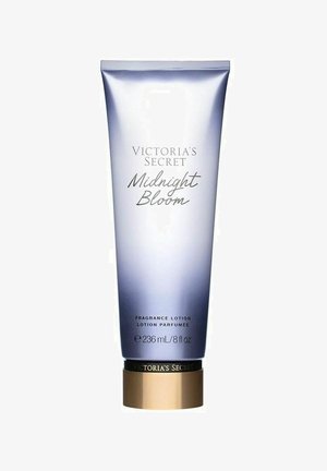 Victoria's Secret Midnight Bloom -tuoksuvoide metallinhohtoisessa purppuraputkilossa, jossa kultainen ja musta korkki, tilavuus 236 ml (8 fl oz).