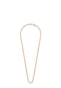 Złota naszyjnik łańcuszkowy o skręconym wzorze, z zapięciem na klamrę i gładką fakturą. Długość regulowana, co pozwala na wszechstronne noszenie.
