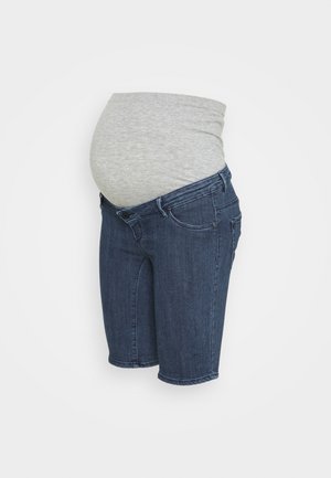 Maternity denim shorts with a gray jersey belly band, blue denim fabric, relaxed fit, knee-length, and classic five-pocket design.