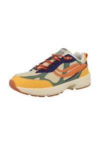 Multi-colored athletic shoe featuring mesh and suede materials, a rounded toe, orange laces, and accents in green, purple, and yellow.