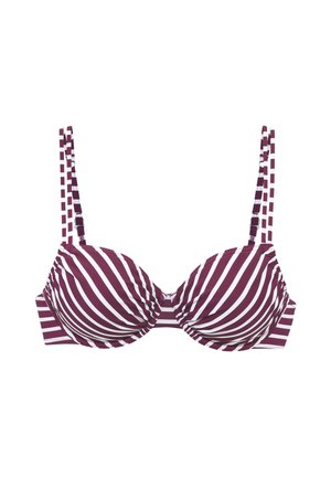 Lila-weiß gestreifter Bügel-BH mit verstellbaren doppelten Schulterträgern und gerafften Details an den Cups.
