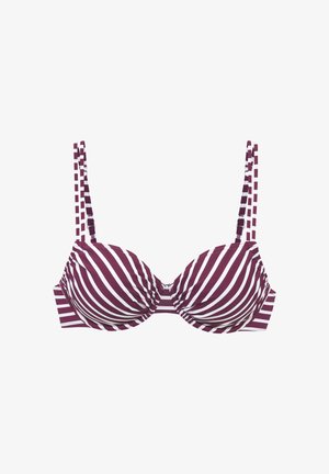 Soutien-gorge à armatures rayé violet et blanc avec bretelles doubles réglables et détails froncés aux bonnets.